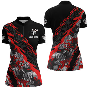 Custom Bowling Shirt for Women Red Camo Bowling Jersey Flame Bowling Quarter-Zip Shirt BDT260