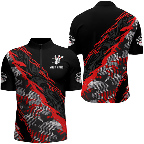 Custom Bowling Shirt for Men Red Camo Bowling Jersey Flame Bowling Quarter-Zip Shirt BDT260