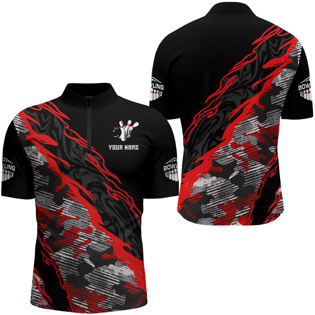 Custom Bowling Shirt for Men Red Camo Bowling Jersey Flame Bowling Quarter-Zip Shirt BDT260
