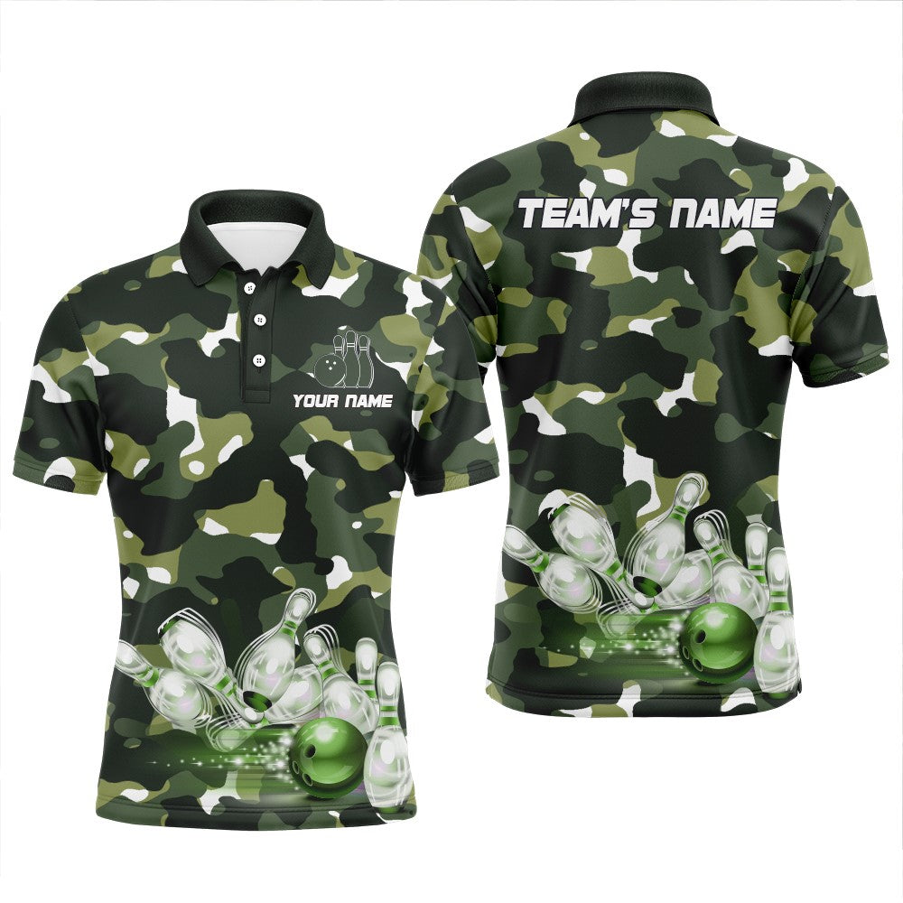 Green Camo Bowling Shirts For Men Custom Bowling Polo Shirt Team Bowling Jerseys BDT248