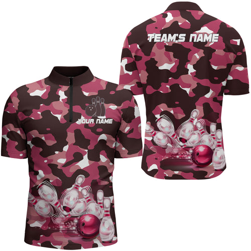 Pink Camo Bowling Shirts For Men Custom Bowling Quarter-Zip Shirt Team Bowling Jerseys BDT249