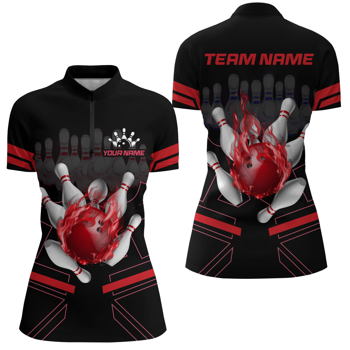 Custom Flame Bowling Jersey For Women Bowling Team Shirt League Bowling Quarter-Zip Shirt BDT303
