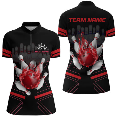 Custom Flame Bowling Jersey For Women Bowling Team Shirt League Bowling Quarter-Zip Shirt BDT303
