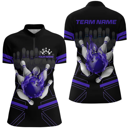 Custom Flame Bowling Jersey For Women Bowling Team Shirt League Bowling Quarter-Zip Shirt BDT303