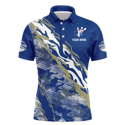 Custom Bowling Shirt for Men Blue Camo Bowling Jersey Flame Bowling Polo Shirt BDT261