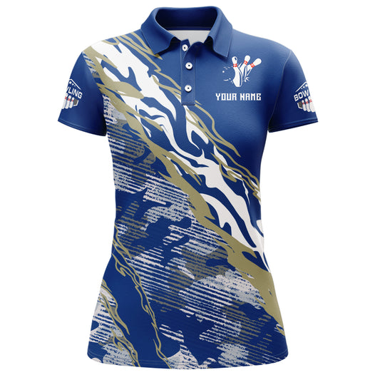 Custom Bowling Shirt for Women Blue Camo Bowling Jersey Flame Bowling Polo Shirt BDT261