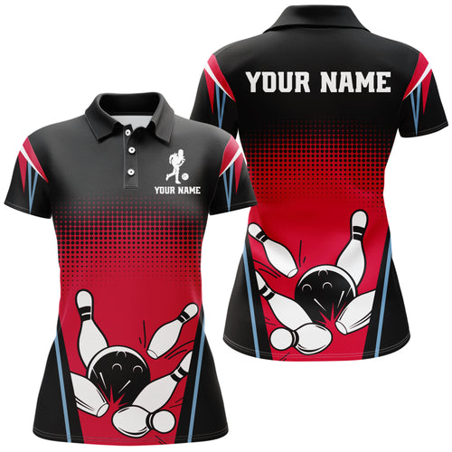 Custom Bowling Polo Shirt Black&Red Bowling Jersey For Women Custom Bowling Team Shirts BDT256