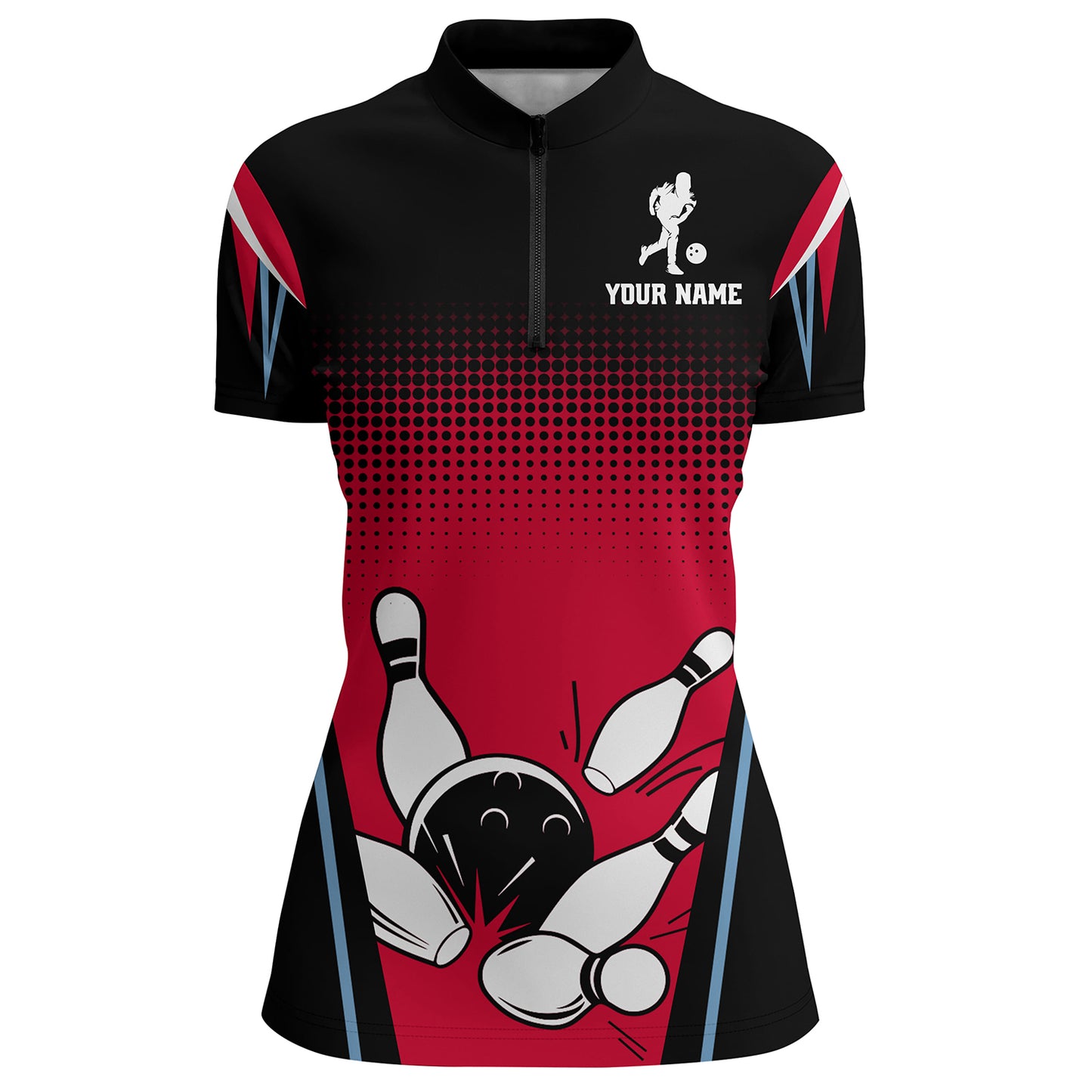 Custom Bowling Quarter-Zip Shirt Black&Red Bowling Jersey For Women Custom Bowling Team Shirts BDT256