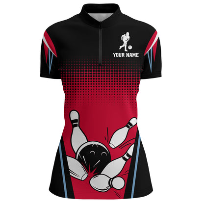 Custom Bowling Quarter-Zip Shirt Black&Red Bowling Jersey For Women Custom Bowling Team Shirts BDT256