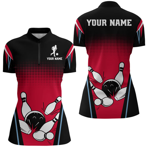 Custom Bowling Quarter-Zip Shirt Black&Red Bowling Jersey For Women Custom Bowling Team Shirts BDT256