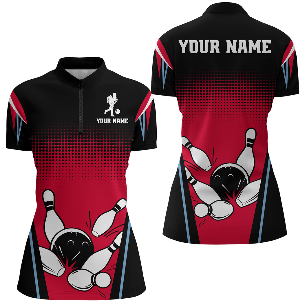Custom Bowling Quarter-Zip Shirt Black&Red Bowling Jersey For Women Custom Bowling Team Shirts BDT256