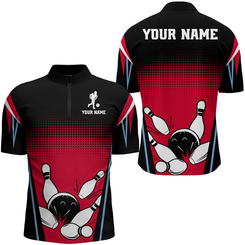 Custom Bowling Quarter-Zip Shirt Black&Red Bowling Jersey For Men Custom Bowling Team Shirts BDT256