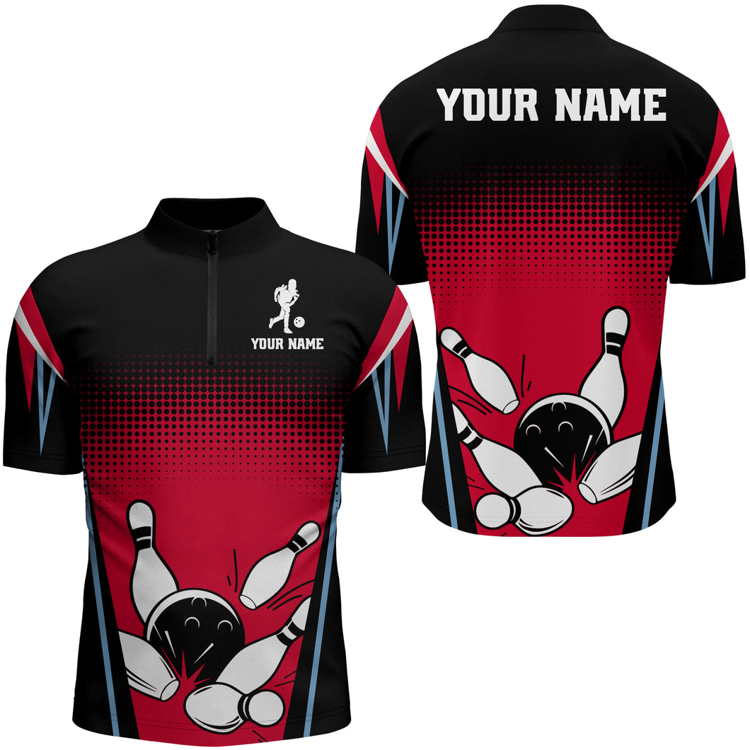 Custom Bowling Quarter-Zip Shirt Black&Red Bowling Jersey For Men Custom Bowling Team Shirts BDT256