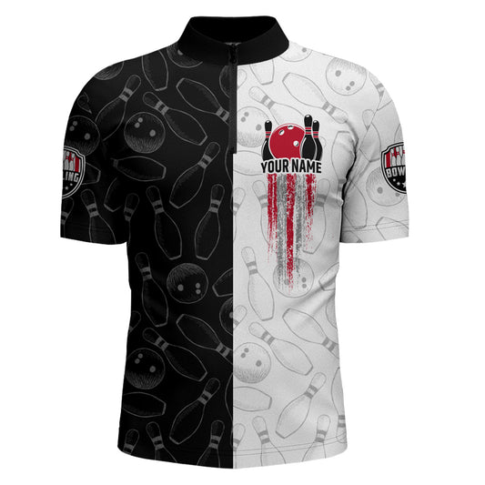 American Bowling Shirts Men Black&White Bowling Team Jersey Custom Bowling Quarter-Zip Shirt BDT359