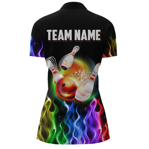 Rainbow Flame Bowling Jersey Women Personalized Bowling Team Shirts Bowling Quarter-Zip Shirt BDT324