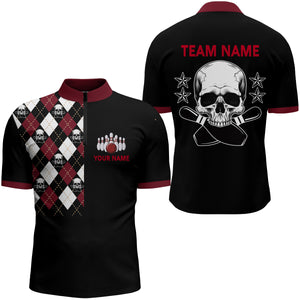 Skull Bowling Quarter Zip Shirt For Men Custom Black Bowling Jersey Team BDT84