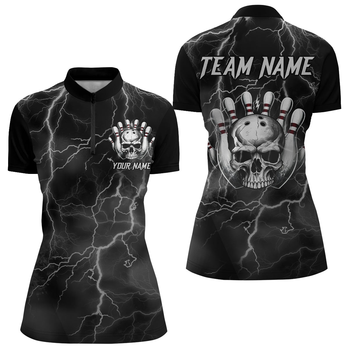 Skull Bowling League Shirt Women Bowling Jersey Team Lightning Thunder Bowling Quarter-Zip Shirt BDT335
