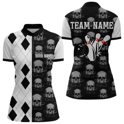 Skull Bowling Jersey Team League Custom Black Bowling Shirt Women Bowling Quarter-Zip Shirt BDT347
