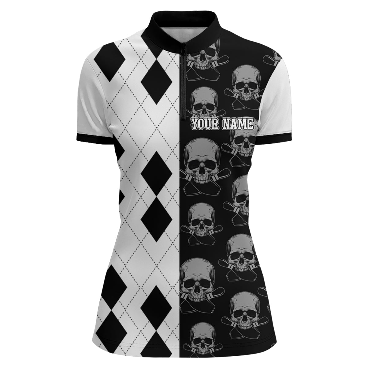 Skull Bowling Jersey Team League Custom Black Bowling Shirt Women Bowling Quarter-Zip Shirt BDT347