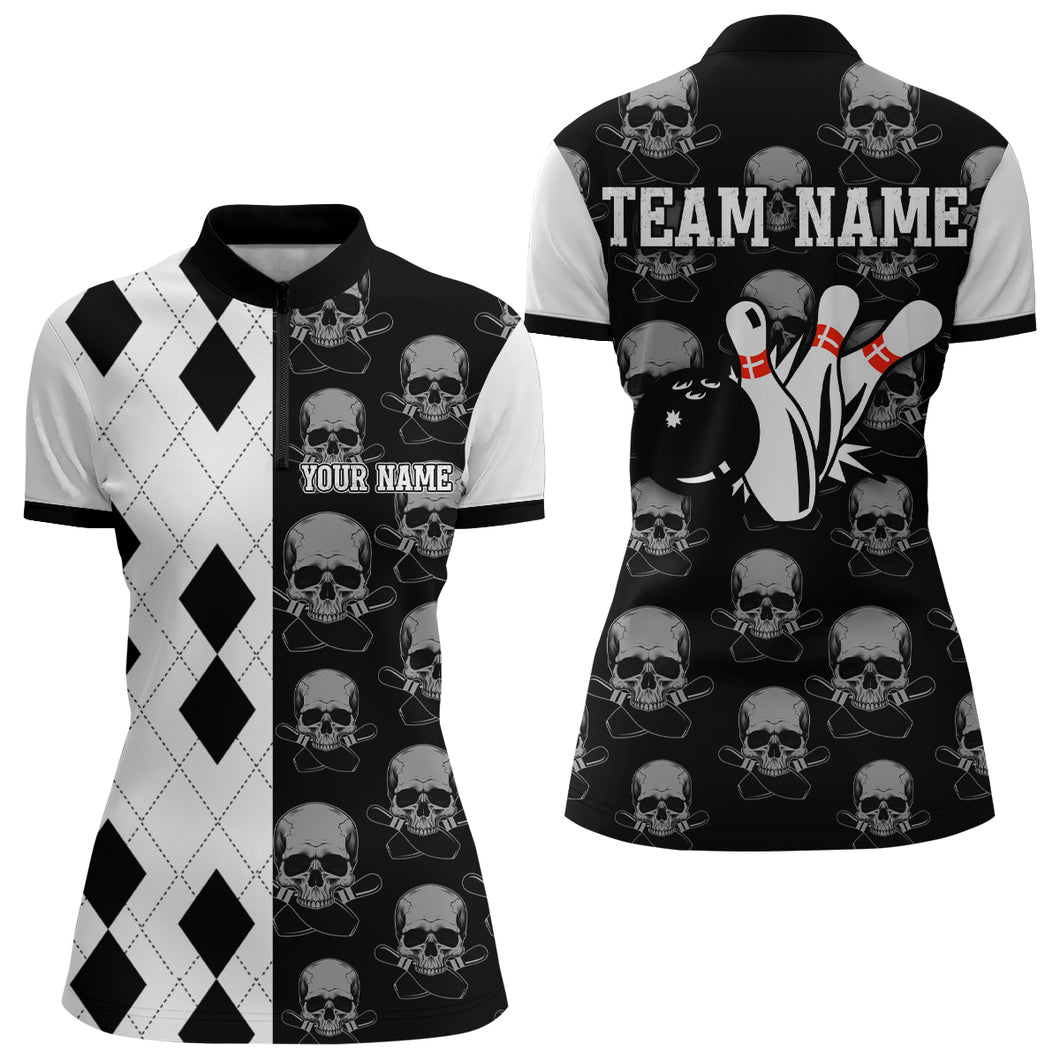 Skull Bowling Jersey Team League Custom Black Bowling Shirt Women Bowling Quarter-Zip Shirt BDT347