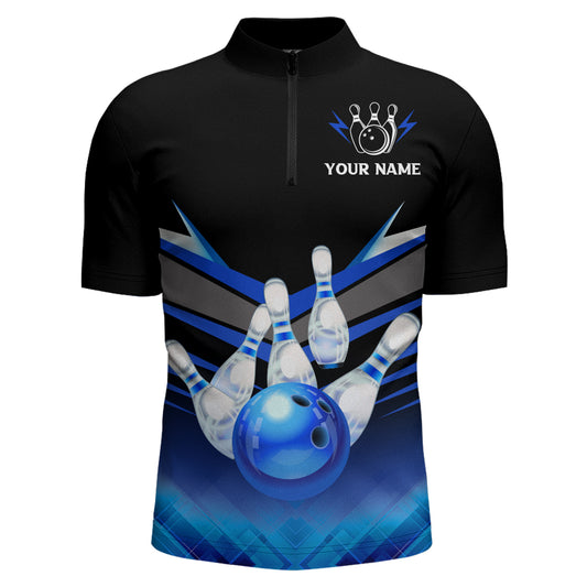 Custom 3D Bowling League Shirt Blue Bowling Jersey For Men Bowling Quarter-Zip Shirt Team BDT339