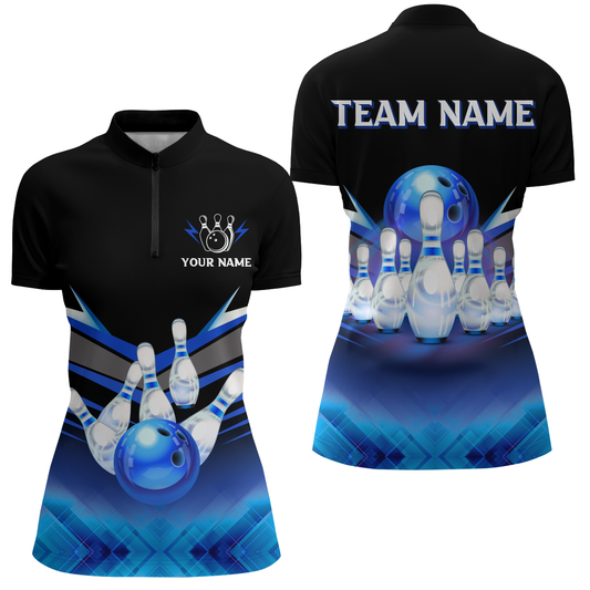Custom 3D Bowling League Shirt Blue Bowling Jersey For Women Bowling Quarter-Zip Shirt Team BDT339