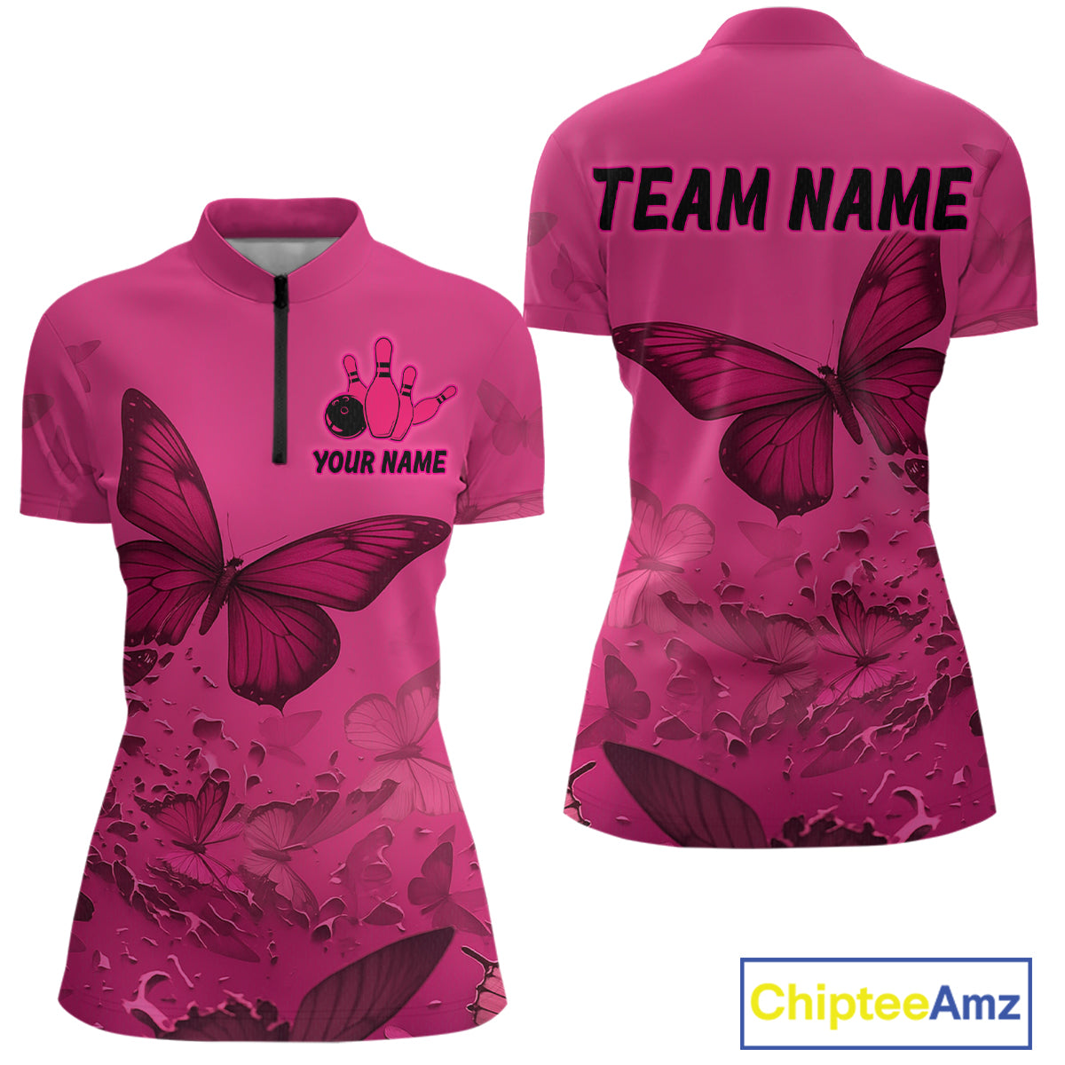 Pink Butterflies Bowling Shirts for Women Men Team Custom Bowling Polo and 1/4 Zip MBL121