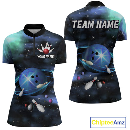 Blue Galaxy Bowling Shirts for Men Women Custom Team Bowling Polo and Quarter Zip MBL123