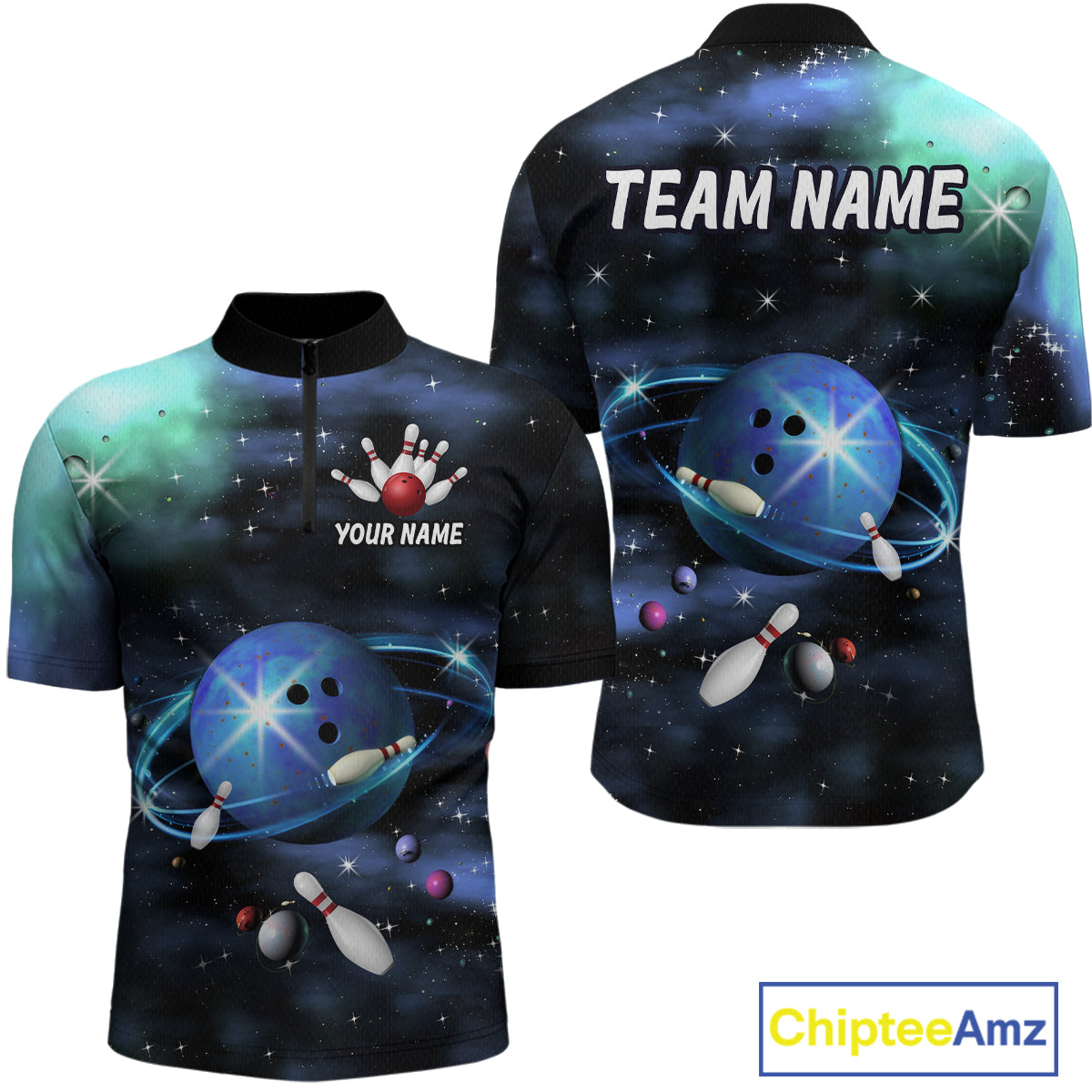 Blue Galaxy Bowling Shirts for Men Women Custom Team Bowling Polo and Quarter Zip MBL123