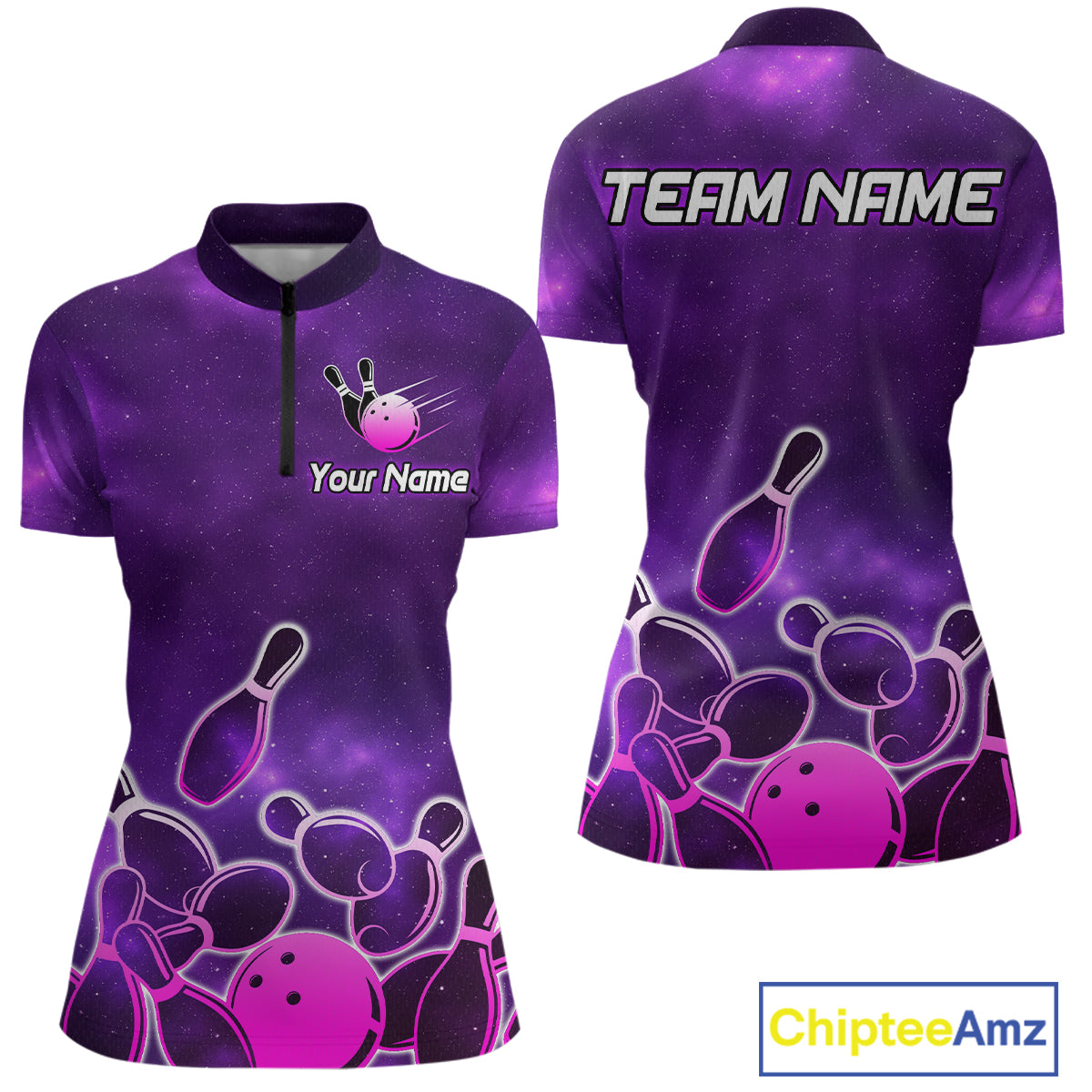 Purple Neon Bowling Shirts for Women Men Custom Team Bowling Polo & Quarter Zip MBL127