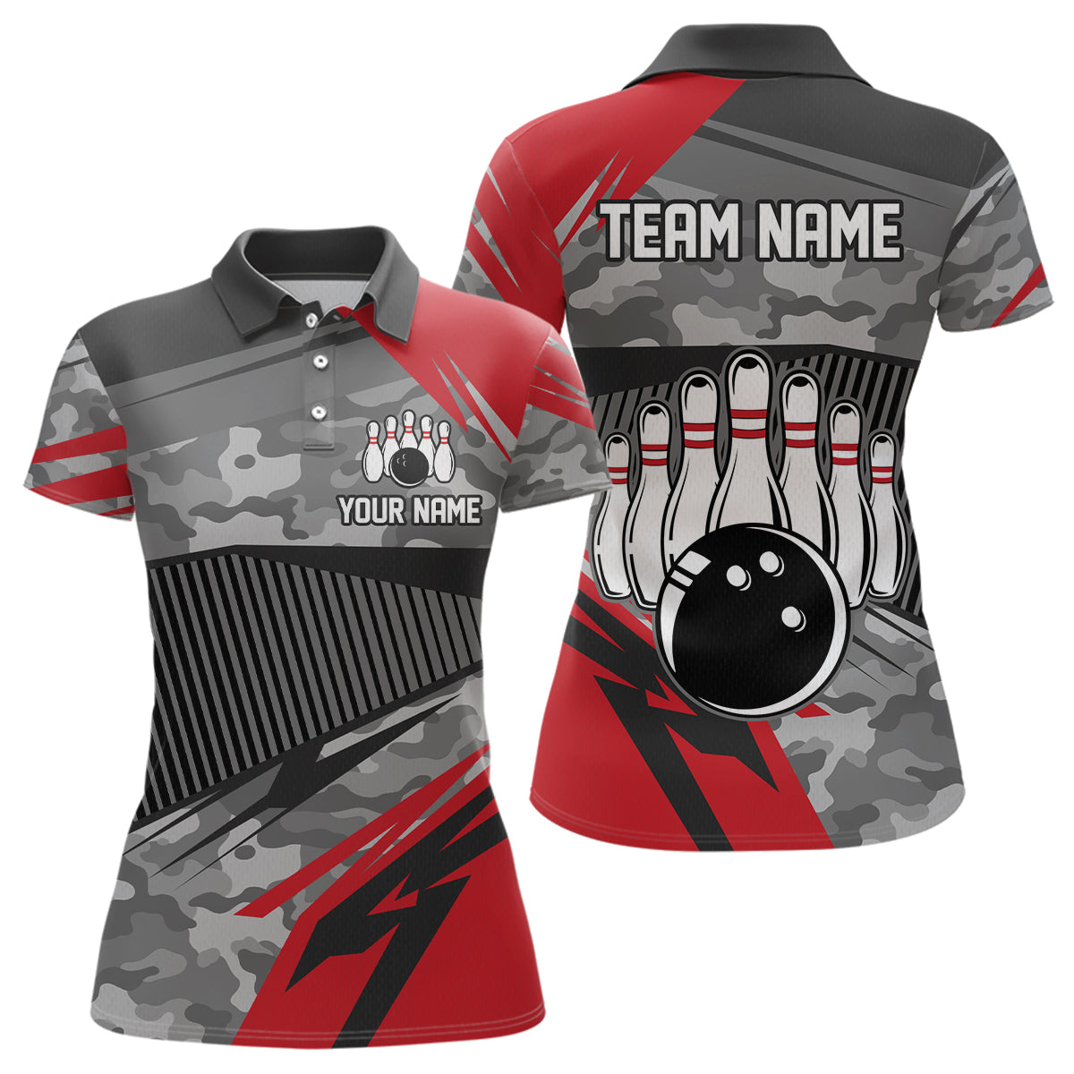Red Camo Bowling Shirts for Women Men Custom Team Bowling Polo & 1/4 Zip Shirt MBL61