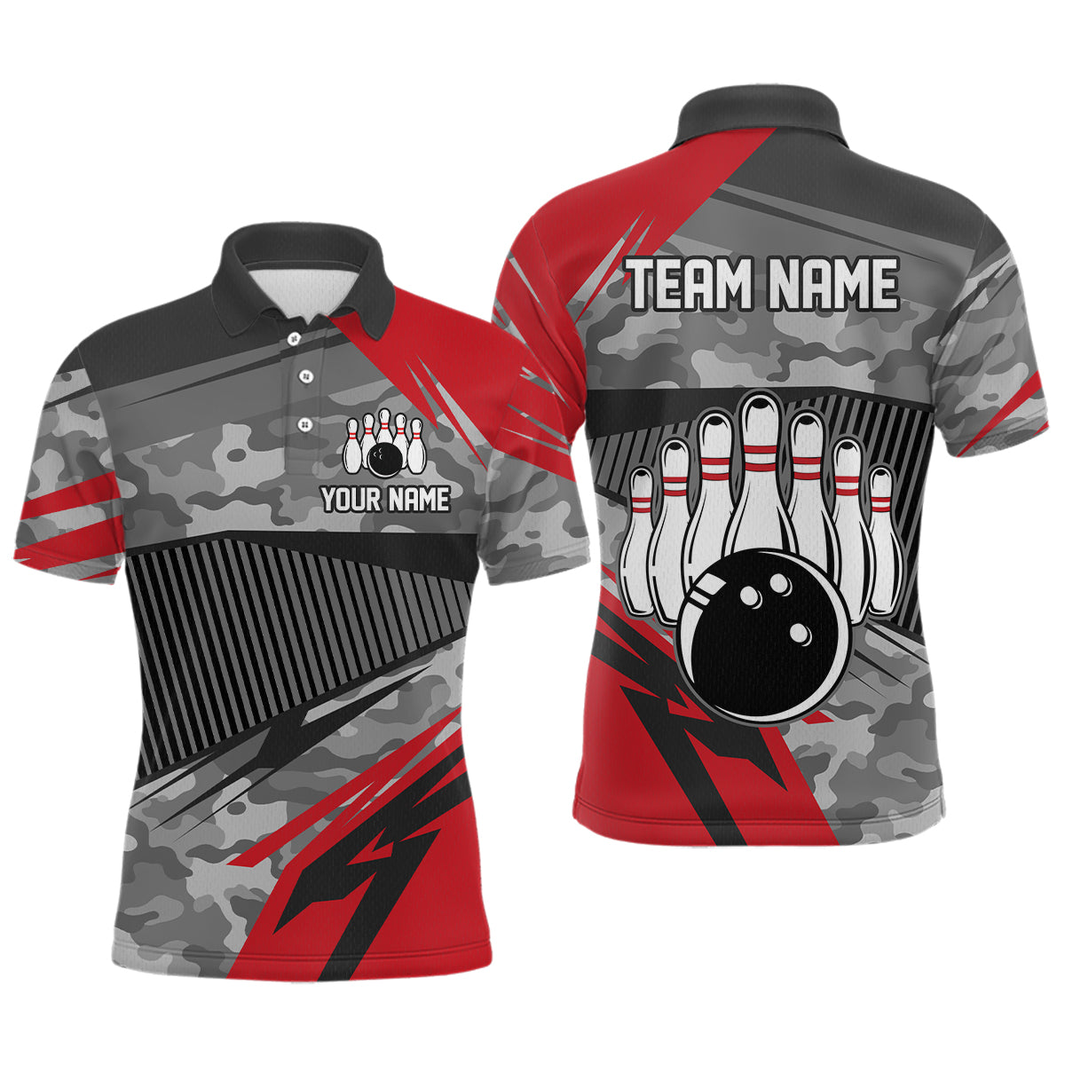Red Camo Bowling Shirts for Women Men Custom Team Bowling Polo & 1/4 Zip Shirt MBL61
