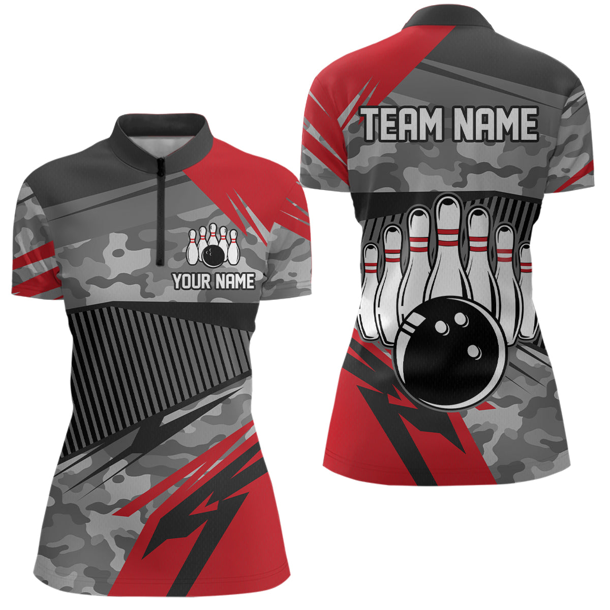Red Camo Bowling Shirts for Women Men Custom Team Bowling Polo & 1/4 Zip Shirt MBL61