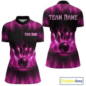 Custom Pink Flame Bowling Shirts for Women Men Team Bowling Polo and Quarter Zip MBL132