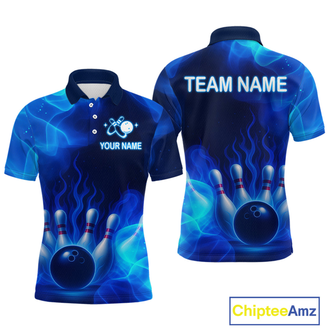 Blue Flaming Bowling Shirts for Women Men Custom Team Bowling Polo & Quarter Zip MBL140
