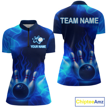Blue Flaming Bowling Shirts for Women Men Custom Team Bowling Polo & Quarter Zip MBL140