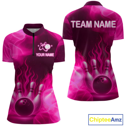Pink Flaming Bowling Shirts for Women Men Custom Team Bowling Polo & Quarter Zip MBL140