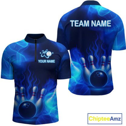 Blue Flaming Bowling Shirts for Women Men Custom Team Bowling Polo & Quarter Zip MBL140