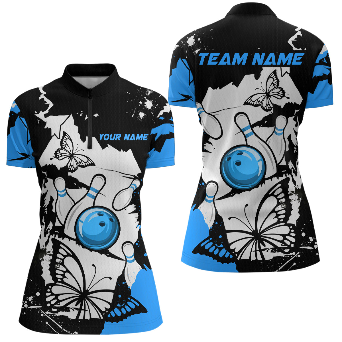 Custom Blue Butterflies Bowling Shirt for Men Women Team Bowling Polo&Quater Zip MBL76