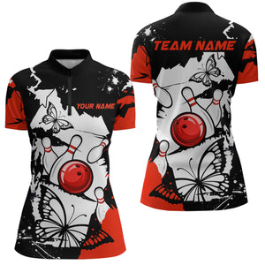 Custom Red Butterflies Bowling Shirt for Men Women Team Bowling Polo&Quater Zip MBL76