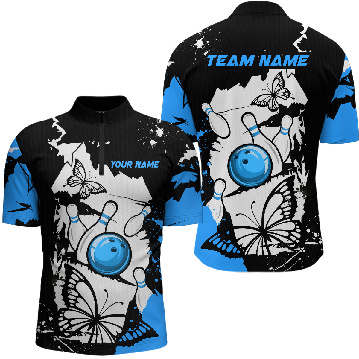 Custom Blue Butterflies Bowling Shirt for Men Women Team Bowling Polo&Quater Zip MBL76