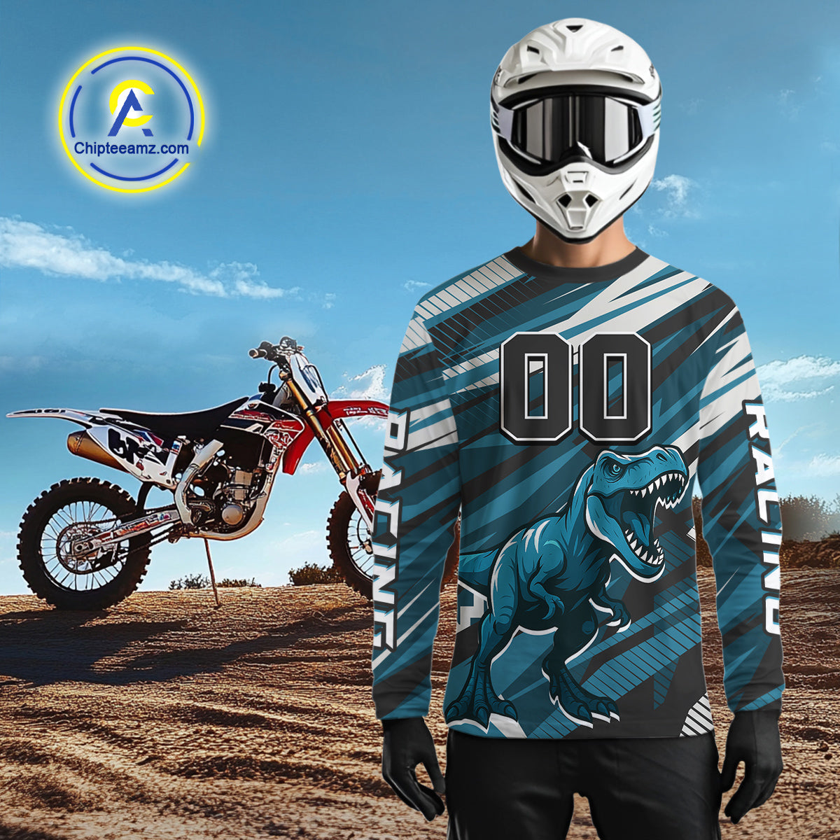 Dinosaur Motocross Jersey Custom Blue Dirt Bike Shirts for Men Kid Women Upf30+ XM351