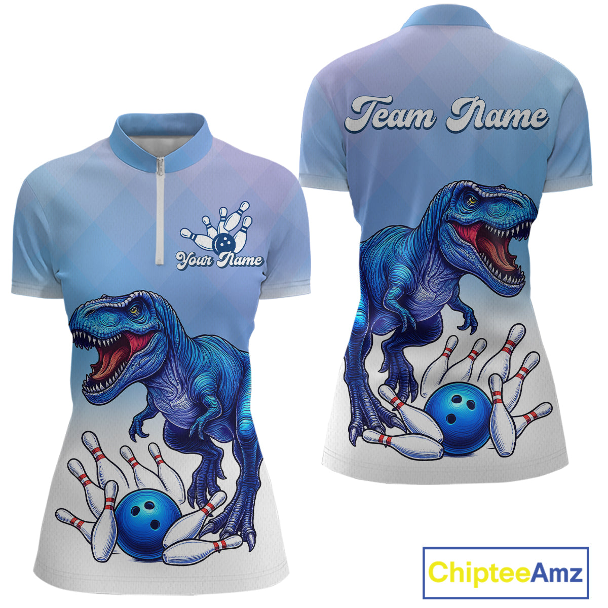 Blue Dinosaur Bowling Shirts for Men Women Custom Team Bowling Jerseys Polo and Zip Shirt MBL162