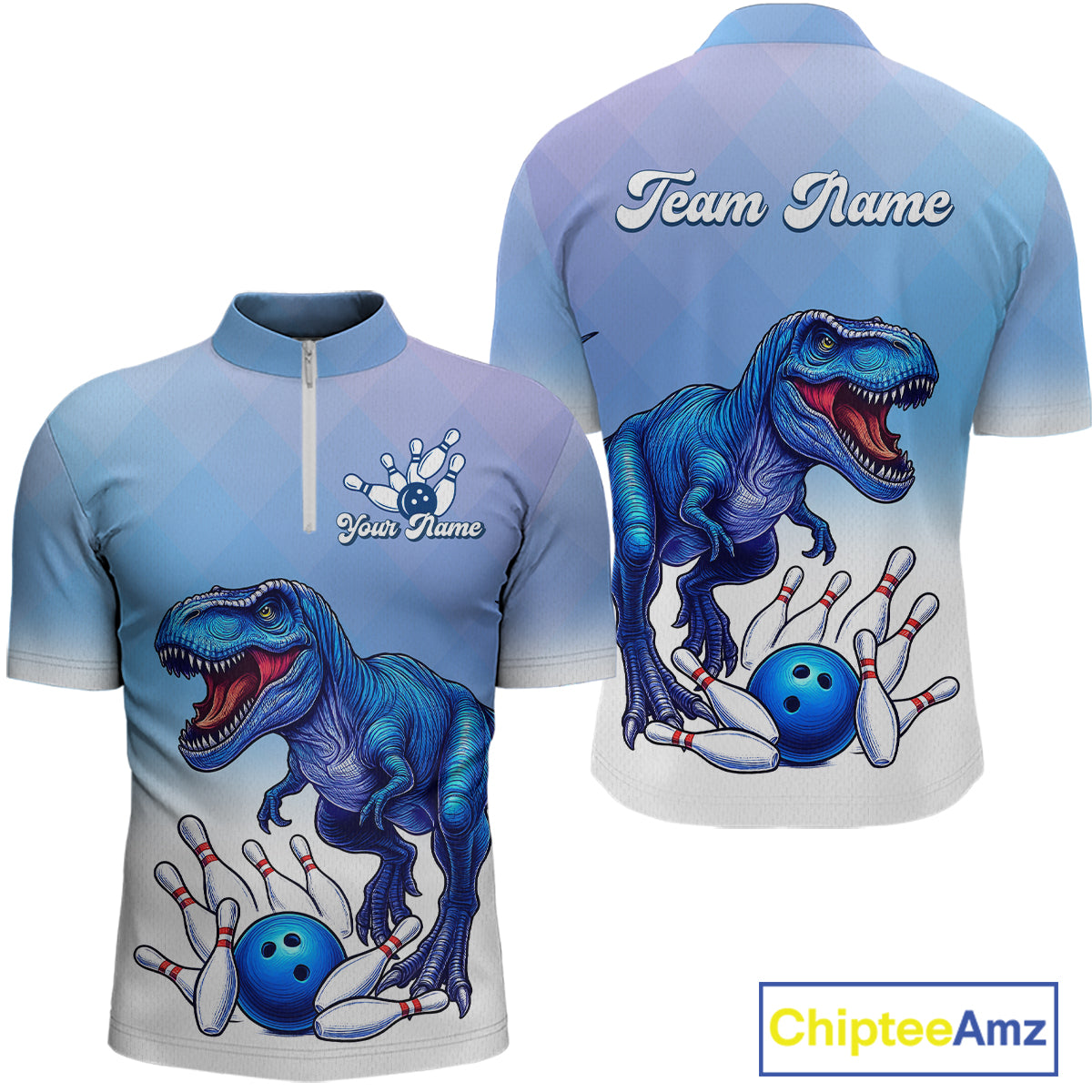 Blue Dinosaur Bowling Shirts for Men Women Custom Team Bowling Jerseys Polo and Zip Shirt MBL162