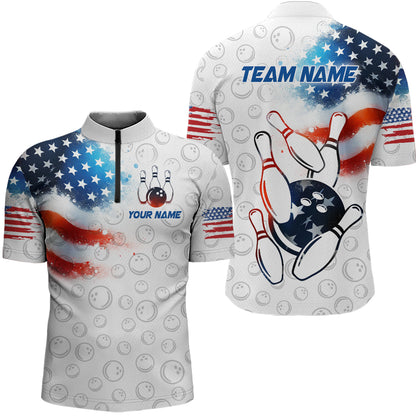 American Bowling Shirt Patriotic Bowling Shirts for Men Women Bowling Polo 1/4 Zip Shirt MBL26