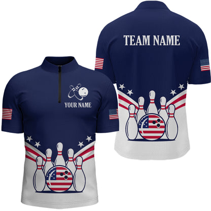 Patriotic Blue Bowling Shirt for Men Women Team Custom Bowling Polo & 1/4 Zip Shirt MBL30