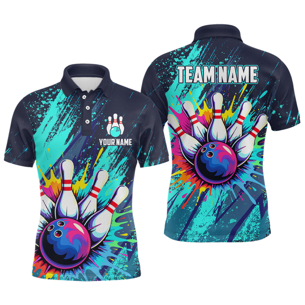 Custom Teal Bowling Shirt for Women Men Bowling Water Color Bowling Polo & 1/4 Zip Shirts MBL37
