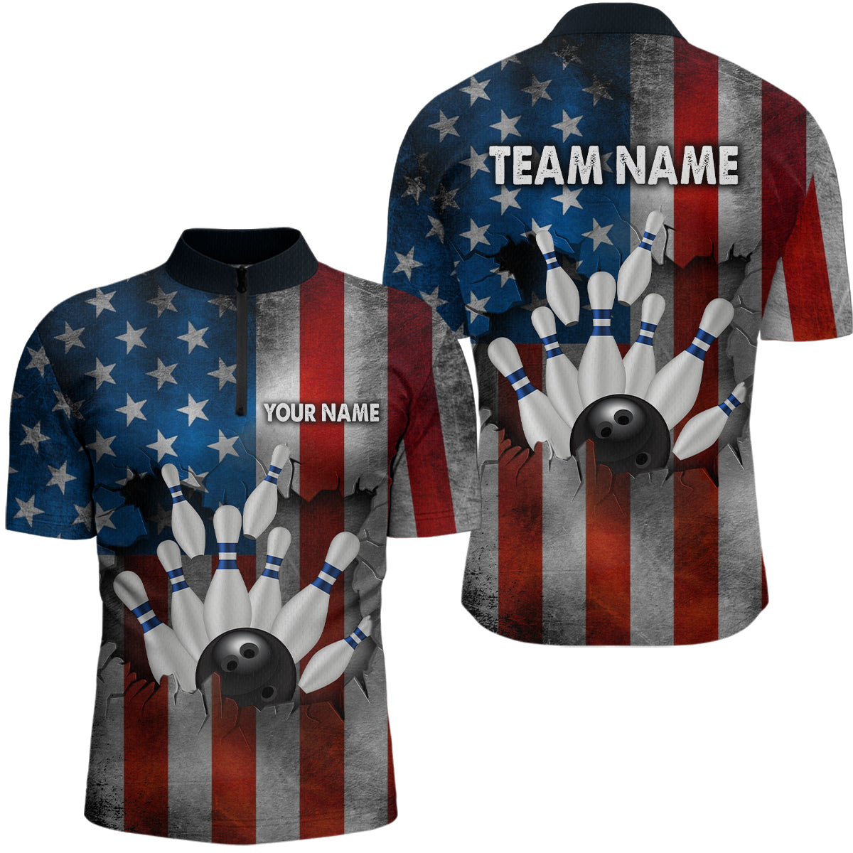 Custom American Flag Bowling Shirts for Men and Women Patriotic Bowling Polo& 1/4 Zip MBL54