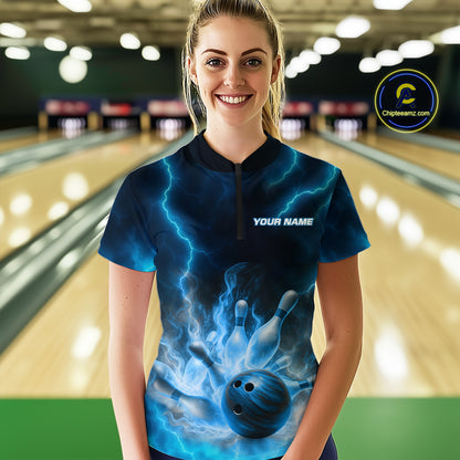 Lightning Blue Bowling Shirts for Women Men Custom Team Bowling Polo & Quarter Zip MBL131