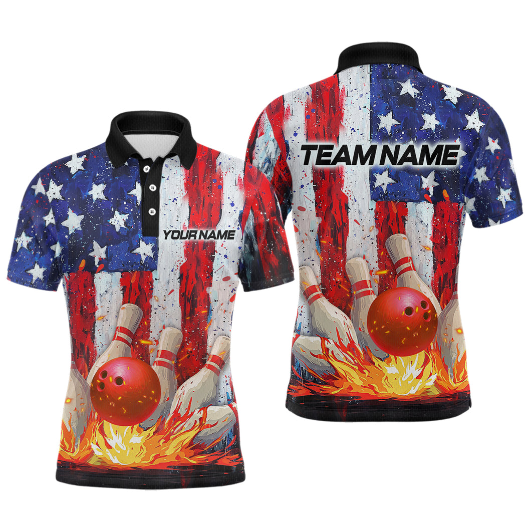 Fire American Flag Bowling Shirt Patriotic Bowling Jersey Men Women Team Polo&1/4 Zip MBL65